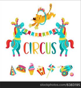 Circus. Vector illustration. Isolated on a white background. Two trained horses with feathers on their heads holding a garland of flags. Tiger jumping through the flaming ring. Set of cliparts.