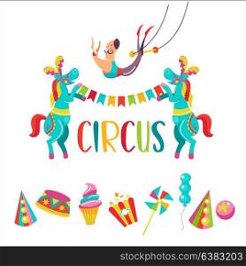 Circus. Vector illustration. Two trained horses holding a garland of flags. Aerial acrobat. Set of cliparts. Popcorn, cap, candy, balloon, ice cream.