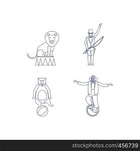 Circus vector line art icons with lion and bear. Circus vector line art icons
