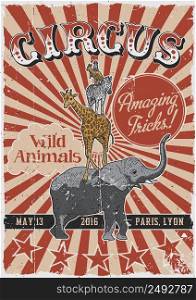 Circus vintage poster with hand drawn animals such as elephant and giraffe vector illustration