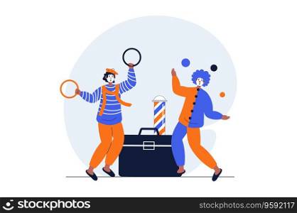 Circus web concept with character scene. Clowns perform entertainment, juggle and show tricks on concert. People situation in flat design. Vector illustration for social media marketing material.