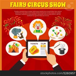 Circus website concept. Circus website concept with tablet and entertainment symbols flat vector illustration