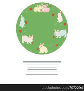 Cirlce with cute bunnies and red hearts. Space for your text. Flat style design. Poster vector design. Vector illustration.. Easter bunnies circle with hearts and text.