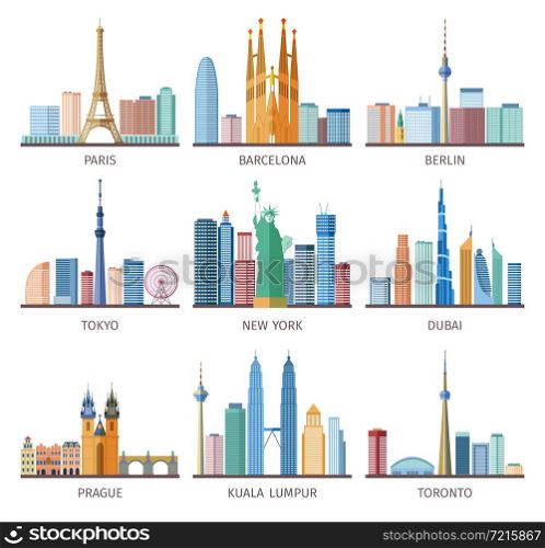 Cities skylines icons set around the world with Eiffel tower and Statue of Liberty flat isolated vector illustration . Cities Skylines Icons Set