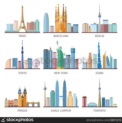 Cities Skylines Icons Set . Cities skylines icons set around the world with Eiffel tower and Statue of Liberty flat isolated vector illustration