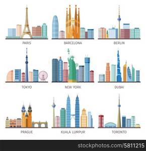 Cities Skylines Icons Set . Cities skylines icons set around the world with Eiffel tower and Statue of Liberty flat isolated vector illustration