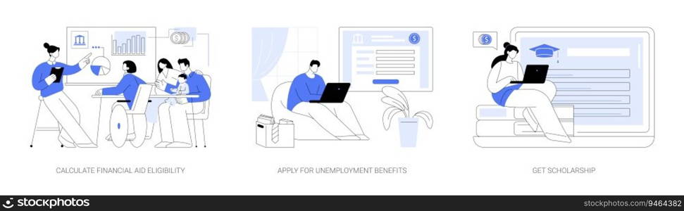 Citizen benefits abstract concept vector illustration set. Calculate financial aid eligibility, apply for unemployment benefits, get scholarship, social security, government help abstract metaphor.. Citizen benefits abstract concept vector illustrations.