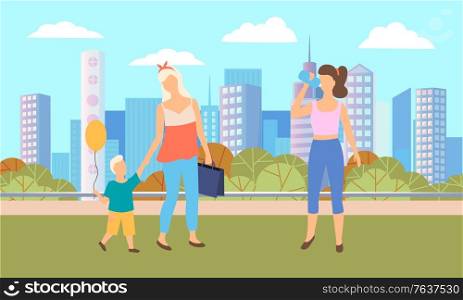 Citizen on weekends in city park vector, woman with kiddo holding inflatable balloons. Holidays and relaxation, skyscrapers downtown on background. Family mother and child festive celebration. People in City, Mother with Kid Holding Balloons