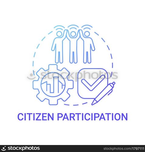 Citizen participation gradient blue concept icon. Citizens involvement abstract idea thin line illustration. Collective decisions. Vote and election. Vector isolated outline color drawing.. Citizen participation gradient blue concept icon