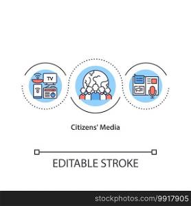 Citizens’ media concept icon. Social network. Television and radio broadcast. Democratic media. Journalism idea thin line illustration. Vector isolated outline RGB color drawing. Editable stroke. Citizens’ media concept icon