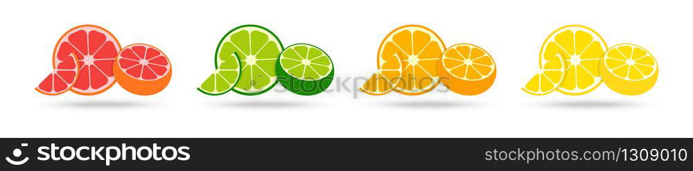 Citrus collection. Set of fresh fruit in flat design. Grapefruit, lime, orange and lemon, isolated on white background. Fresh citrus fruits with shadow. Vector illustration.