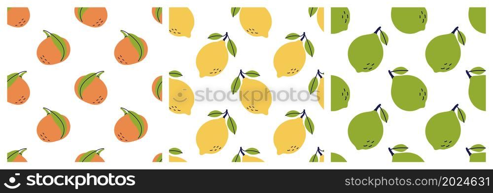 Citrus fruit seamless pattern bundle. Lemon, mandarin, tangerine and lime. Color illustration collection in hand-drawn style. Vector repeat background set