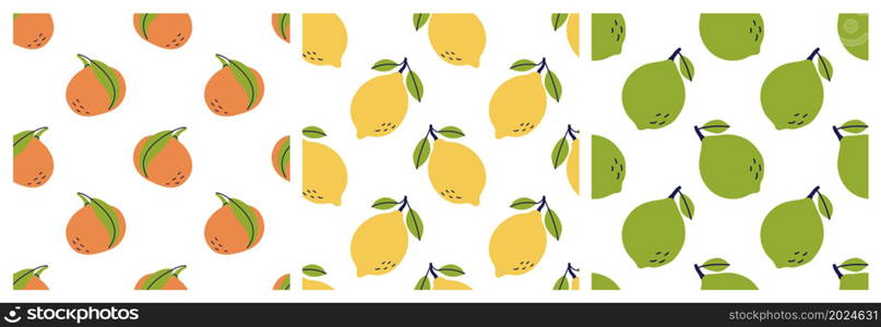 Citrus fruit seamless pattern bundle. Lemon, mandarin, tangerine and lime. Color illustration collection in hand-drawn style. Vector repeat background set