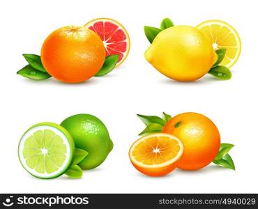 Citrus Fruits 4 Realistic Icons Set . Fresh citrus fruits whole and halves 4 realistic icons square with orange grapefruit lemon isolated vector illustration
