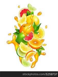 Citrus Fruits Juice Drops Colorful Composition. Fresh citrus fruits wedges slices and segment with orange juice splashes around colorful realistic composition vector illustration