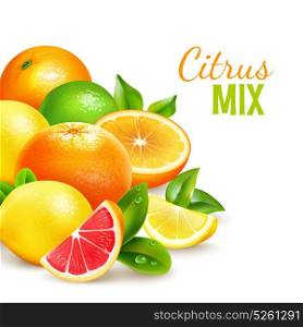 Citrus Fruits Mix Realistic Background Poster. Fresh delicious natural looking citrus fruits collection background poster with lemon blood orange and lime vector illustration