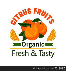 Citrus Fruits poster. Orange fruit vector icon for juice label, drink sticker, grocery, farm store, packaging, advertising. Orange citrus fruits icon Organic, fresh, tasty
