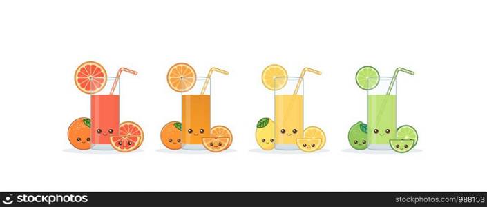 Citrus juice. Cute kawai smiling cartoon juice with slices in a glass with juice straw.