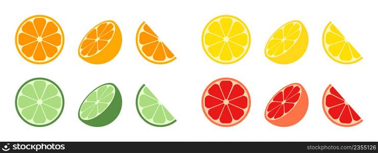 Citrus slices. Citrus icons of orange, lemon, grapefruit and lime. Fruit with vitamin C. Round, half and slice of fruit for juice. Flat icon isolated on white background. Vector.
