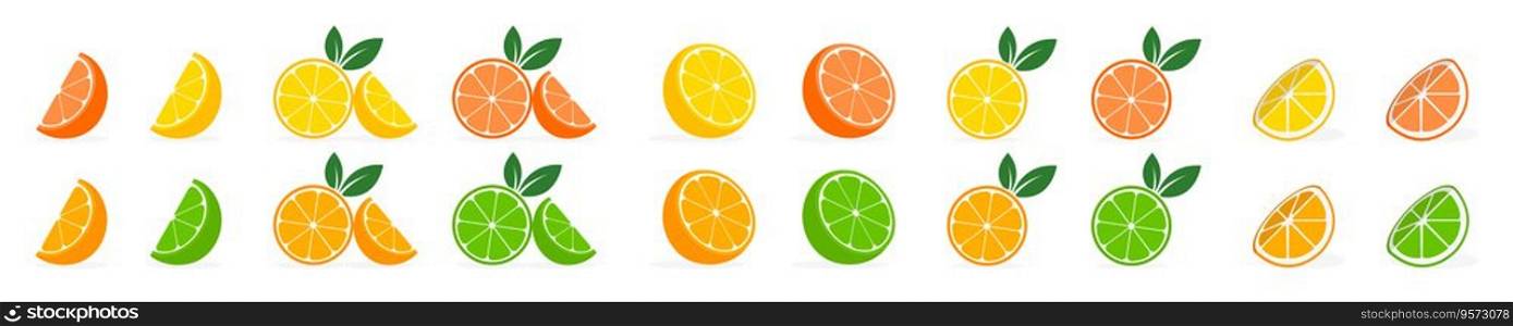 Citrus slices icon set. Lemon  Orange Lime Grapefruit slice. Vector illustration.
