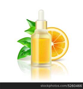 Citrus Vitamin Natural C Realistic Image. Natural citrus fruits vitamin c transparent drop bottle with concentrated orange juice realistic image with reflection vector illustration