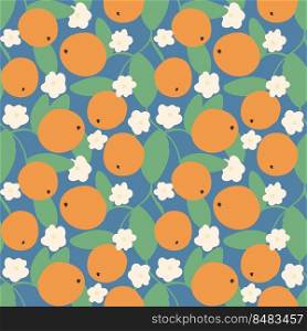 Citruses and flowers seamless pattern. Blossoming oranges background. Bright citrus print on blue backing. Exotic tropical fruit pattern for textile, packaging, paper vector Illustration. Citruses and flowers seamless pattern