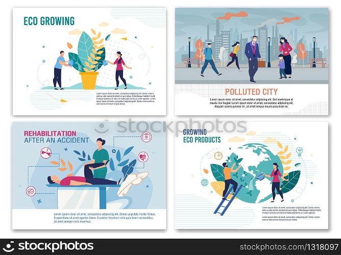 City Air Pollution, Rehabilitation after Accident, Eco Food Products and Plants Growing Banner Set. Social Problem and Alternative Solutions. Planet and Human Health Safety. Vector Flat Illustration. Pollution, Rehabilitation, Eco Growing Banner Set