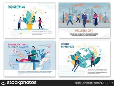 City Air Pollution, Rehabilitation after Accident, Eco Food Products and Plants Growing Banner Set. Social Problem and Alternative Solutions. Planet and Human Health Safety. Vector Flat Illustration. Pollution, Rehabilitation, Eco Growing Banner Set