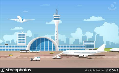 City Airport Terminal Cartoon Vector with Flying After Taking Off Airliner, Airplane Standing on Runway, Taxi and Buses Bringing Passengers to Flight Illustration. Traveling with Air Transport Concept