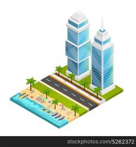 City And Beach Concept. City and beach isometric concept with skyscraper road and sea vector illustration
