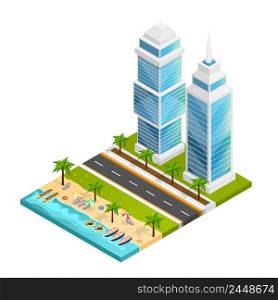 City and beach isometric concept with skyscraper road and sea vector illustration. City And Beach Concept