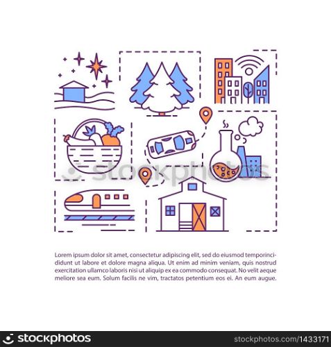 City and countryside concept icon with text. Weekend outside city. Fresh environment in village. PPT page vector template. Brochure, magazine, booklet design element with linear illustrations. City and countryside concept icon with text