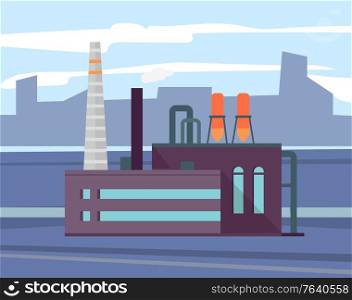 City and development of manufacturing and production making vector, factory with pipes and technologies. Powerplant with turbines, smog and cityscape. Factory Industry in City Cityscape and Manufacture