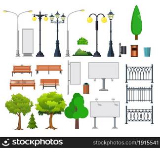 City and outdoor elements. Lamppost and container, bush and signboards. Vector illustration in flat style. City and outdoor elements.
