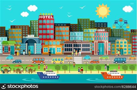 City and people in the style of flat design. Vector illustration