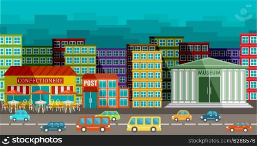City and road in the style of flat design. Vector illustration