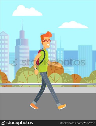 City and urban landscape, man walking on street with trees. Guy with backpack and skyscrapers behind, male character in glasses and watch walk in park, downtown cityscape. Vector in flat cartoon style. Man Walking on Street, City and Urban Landscape
