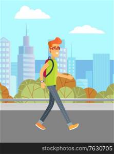 City and urban landscape, man walking on street with trees. Guy with backpack and skyscrapers behind, male character in glasses and watch walk in park, downtown cityscape. Vector in flat cartoon style. Man Walking on Street, City and Urban Landscape
