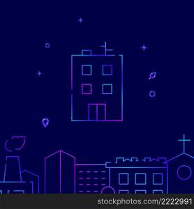 City apartment house gradient line vector icon, simple illustration on a dark blue background, cityscape buildings related bottom border.. City apartment house gradient line icon, buildings vector illustration