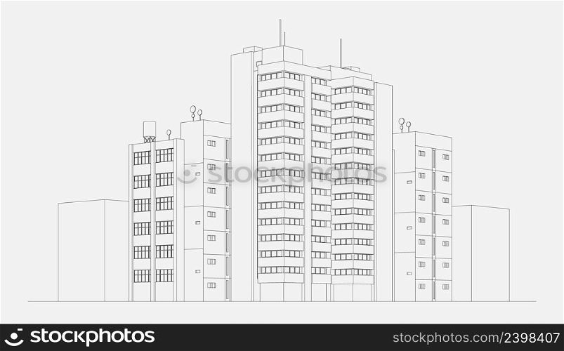 City architecture apartment building block with tower and skyscraper linear sketch vector illustration. City architecture illustration