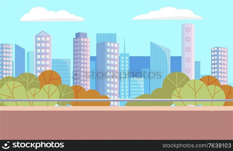 City autumn park with empty road. Beautiful landscape on background with many skyscrapers. Modern downtown, business center. Green trees in summer, warm weather in town. Vector illustration in flat. Landscape with Skyscrapers and Business Center