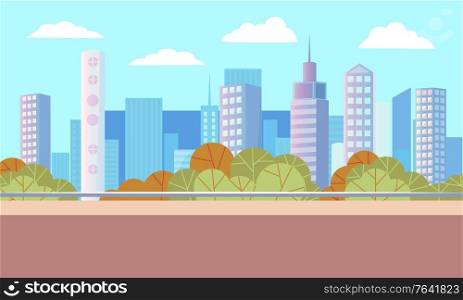 City autumn park with empty road. Beautiful landscape on background with many skyscrapers. Modern downtown, business center. Green trees in summer, warm weather in town. Vector illustration in flat. Landscape with Skyscrapers and Business Center
