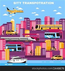 City background with skyscrapers and urban transport so as yellow cabs tram water transportation flat vector illustration. City Transportation Vector Illustration