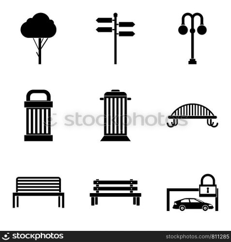 City bench icons set. Simple set of 9 city bench vector icons for web isolated on white background. City bench icons set, simple style