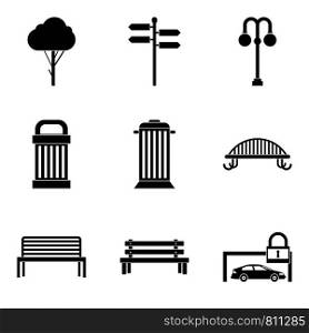 City bench icons set. Simple set of 9 city bench vector icons for web isolated on white background. City bench icons set, simple style