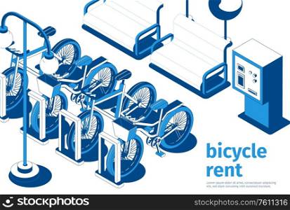 City bicycle rent service spot with parked bikes and benches of white and blue color 3d isometric vector illustration