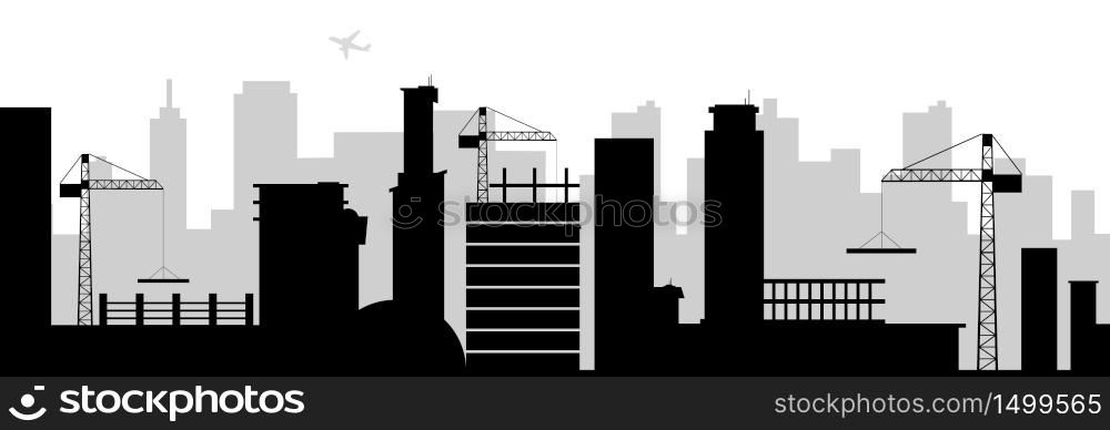 City building black silhouette seamless border. Under construction monochrome vector illustration. Skyscrapers and cranes decorative ornament design. Urban industrial scenery repeating pattern. City building black silhouette seamless border