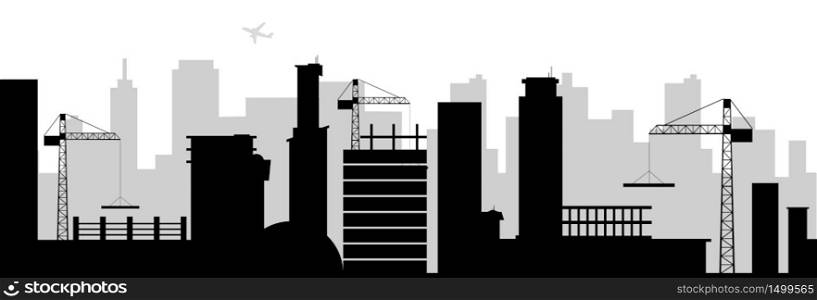 City building black silhouette seamless border. Under construction monochrome vector illustration. Skyscrapers and cranes decorative ornament design. Urban industrial scenery repeating pattern. City building black silhouette seamless border
