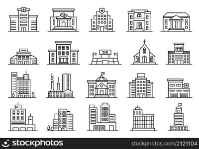 City building icon, stadium, cafe, government, hotel, bank, hospital. Office and apartment buildings, urban architecture line icon vector set. Historic theater and museum isolated on white. City building icon, stadium, cafe, government, hotel, bank, hospital. Office and apartment buildings, urban architecture line icon vector set