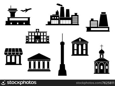 City building icons set - airport, TV tower, plant, factory, temple, church, Bank, stall, theater for architectural, industrial and travel design. Flat style